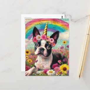 Carte Postale Adorable Boston Terrier Unicorn Chiot Fleurs sauva