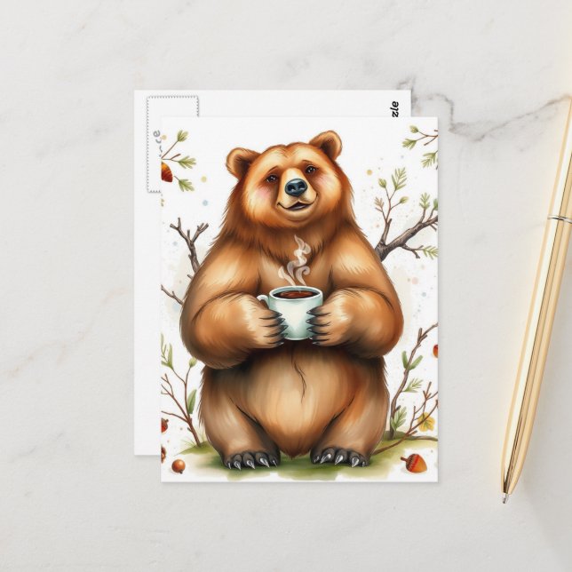 Carte Postale Adorable Brown Bear and a Coffee