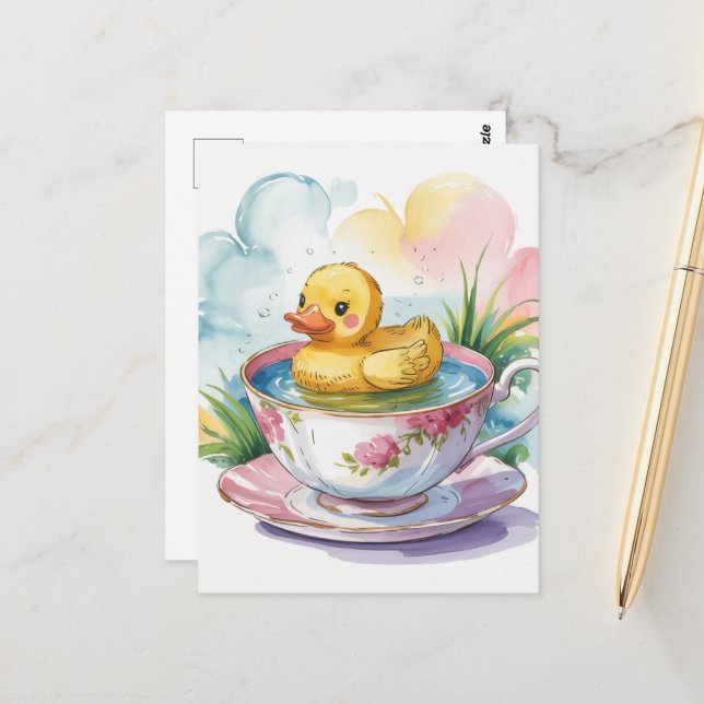Carte Postale Adorable canard dans une teacup (Devant/Arrière en situation)