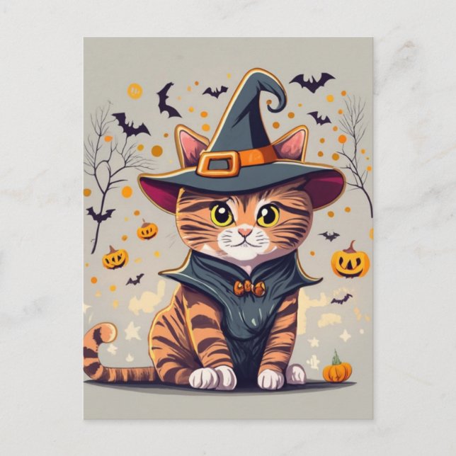 Carte Postale Adorable Chat de Sorcière Halloween (Devant)