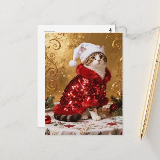 Carte Postale Adorable Christmas Cat Postcard (Devant/Arrière en situation)