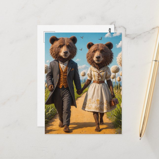 Carte Postale Adorable Couple d'ours en promenade dans le parc (Devant/Arrière en situation)