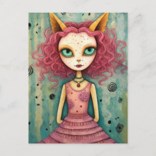 Carte Postale Adorable Dame Avec Oreilles De Chat Collage Média 