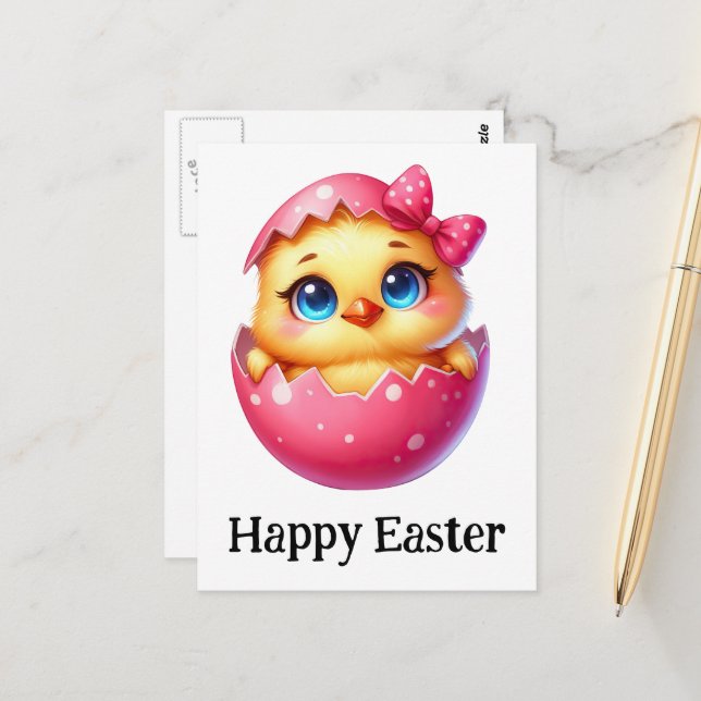 Carte Postale Adorable drôle mignon bébé Pâques poussin œuf rose (Devant/Arrière en situation)