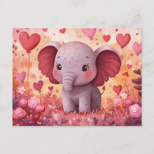 Carte Postale Adorable Eléphant Calf Coeurs & Fleurs