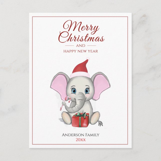 Carte Postale adorable éléphant de Noël | Postcar personnalisé (Devant)