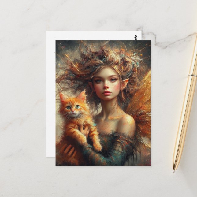 Carte Postale Adorable Fairy et son Ginger Kitten (Devant/Arrière en situation)
