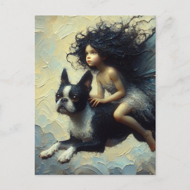 Carte Postale Adorable Fairy Riding a Boston Terrier (Devant)