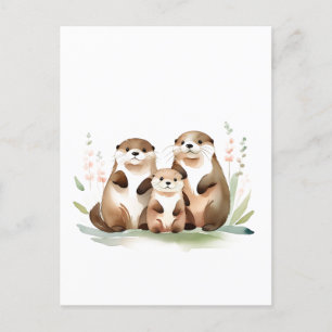 Carte Postale Adorable Famille De Otter Avec Fleurs