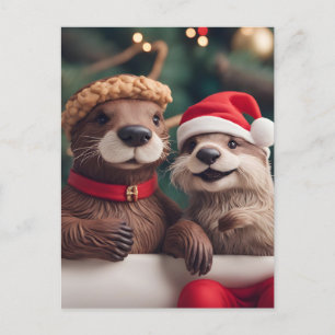 Carte Postale Adorable Festif Otters de Noël