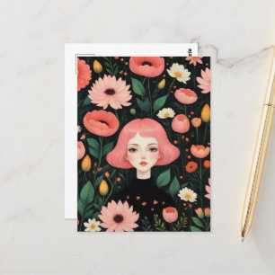 Carte Postale Adorable fille avec cheveux roses dans les fleurs