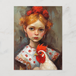 Carte Postale Adorable fille avec son animal de compagnie poulet