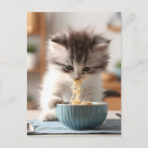 Carte Postale Adorable Fluffy Kitten mangeant des nouilles Ramen