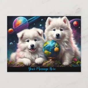 Carte Postale Adorable Fluffy Samoyé Chiots, Terre
