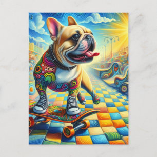 Carte Postale Adorable Français Bulldog Skateboard coloré