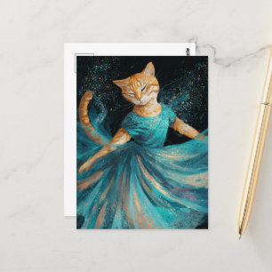 Carte Postale Adorable Gingembre de danse chat en robe bleue