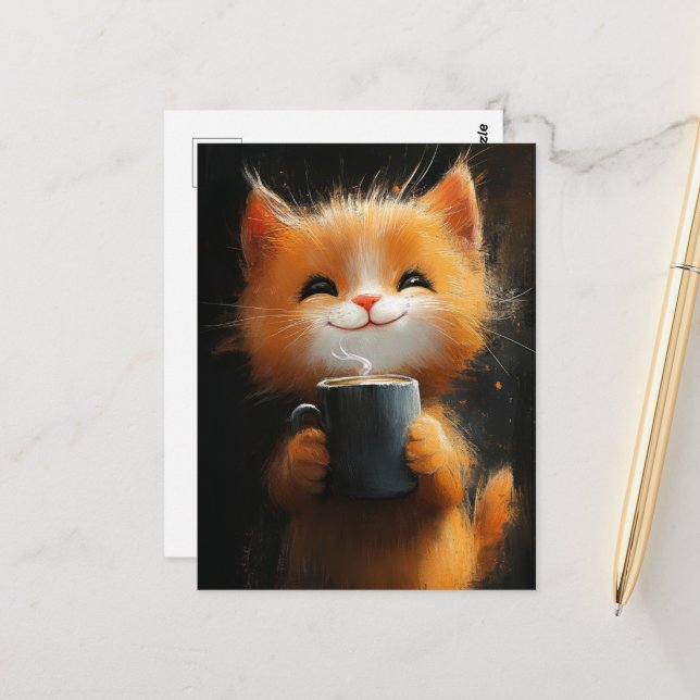 Carte Postale Adorable Ginger Cat avec café (Devant/Arrière en situation)