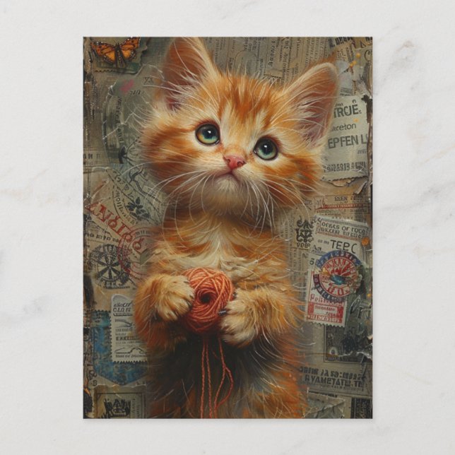 Carte Postale Adorable Ginger Kitten avec collage en fil (Devant)