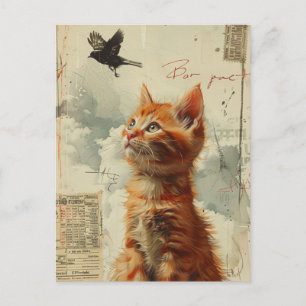 Carte Postale Adorable Ginger Kitten Avec Oiseau Noir Mélange Mé