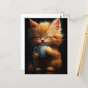 Carte Postale Adorable Ginger Kitty avec un café