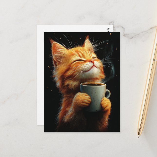 Carte Postale Adorable Ginger Kitty With a Coffee (Devant/Arrière en situation)
