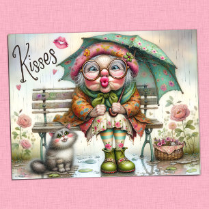 Carte Postale Adorable grand-mère et chat Partage de baisers suc