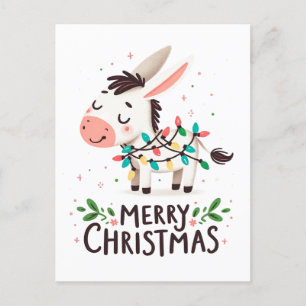 Carte Postale Adorable Joyeux Noël Donkey Aquarelle Lumières