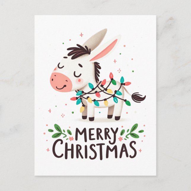 Carte Postale Adorable Joyeux Noël Donkey Aquarelle Lumières (Devant)