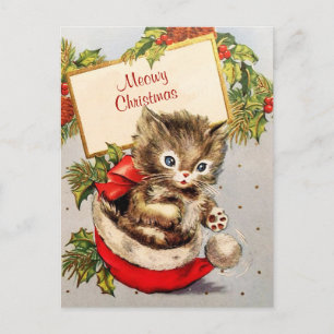 Carte Postale Adorable Kitten assis Santa Hat Meowy Noël