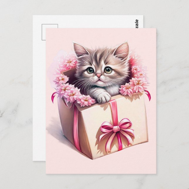 Carte Postale Adorable Kitten dans une boîte Cadeau d'anniversai (Devant / Derrière)