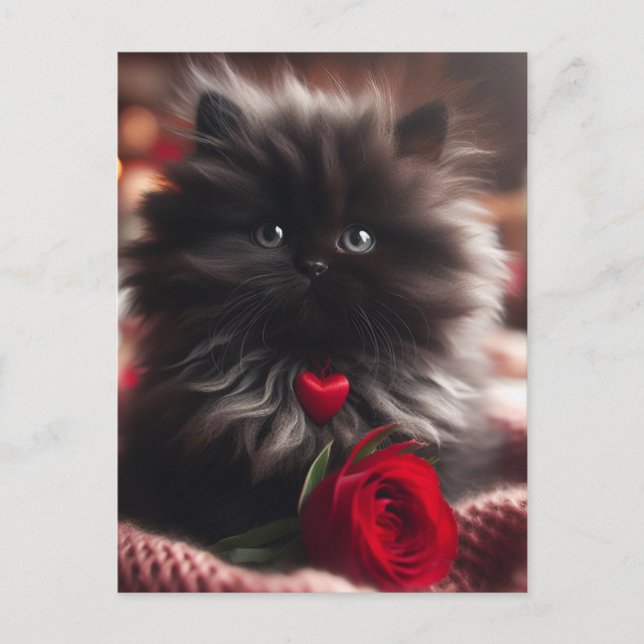 Carte Postale Adorable Kitten de la Saint-Valentin Noir (Devant)