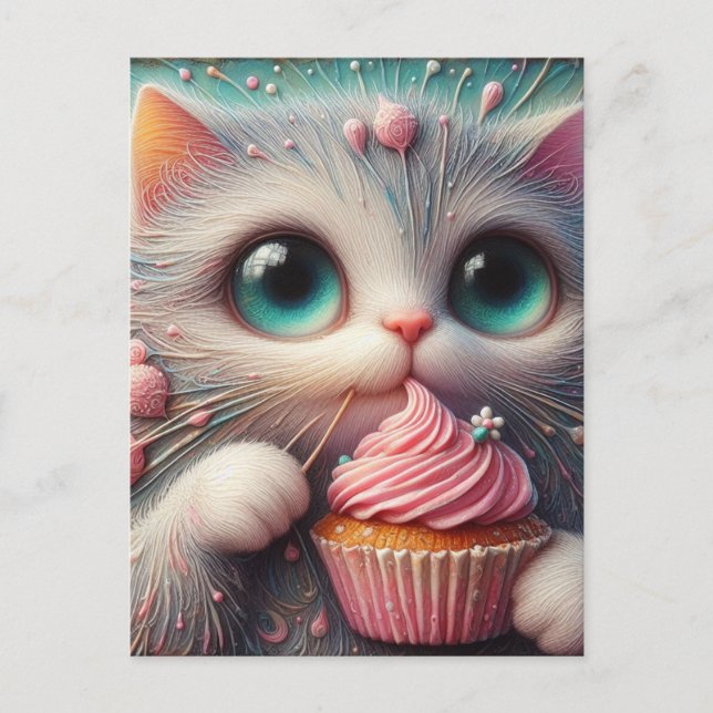 Carte Postale Adorable Kitty avec un gâteau rose (Devant)