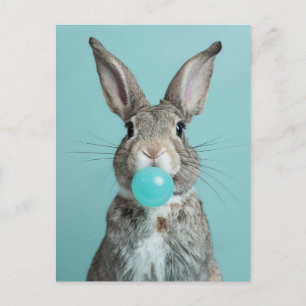 Carte Postale Adorable Lapin Cheval Bleu Bubble Gum