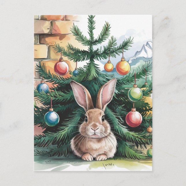 Carte Postale adorable lapin de Noël sous l'arbre (Devant)