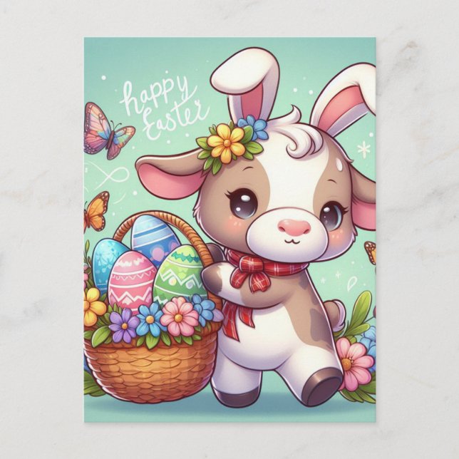 Carte Postale Adorable Lapin De Vache De Pâques (Devant)