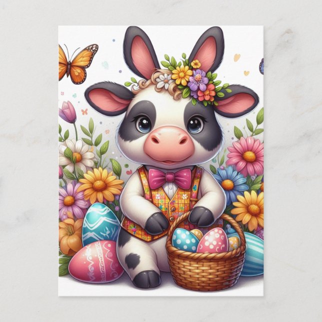 Carte Postale Adorable Lapin de vache de Pâques avec des oeufs (Devant)