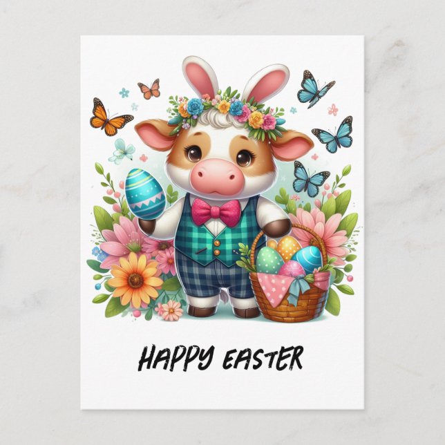 Carte Postale Adorable Lapin de vache de Pâques en Costume bleu  (Devant)