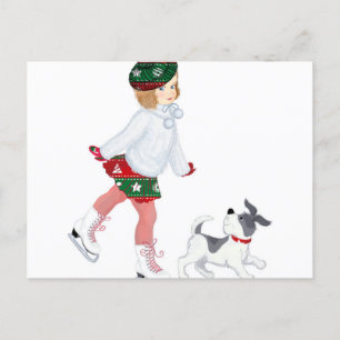 Carte Postale Adorable little girl skating on ice and dog