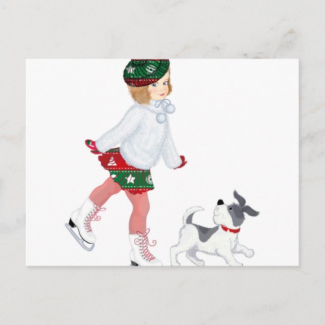 Carte Postale Adorable little girl skating on ice and dog (Devant)