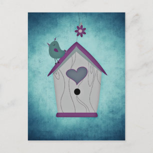 Carte Postale Adorable maison d'oiseaux pourpre et fleurs