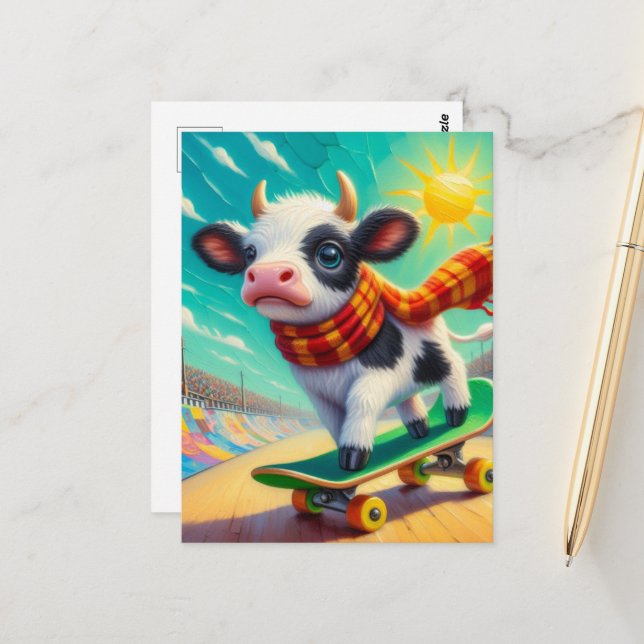 Carte Postale Adorable Mini-Vache Skateboard (Devant/Arrière en situation)
