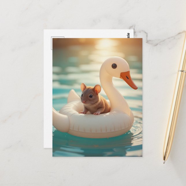 Carte Postale Adorable Mouse Floating on a Swan Float (Devant/Arrière en situation)