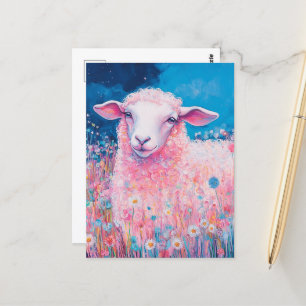 Carte Postale Adorable mouton rose dans les fleurs