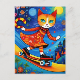 Carte Postale Adorable Orange Kitty dans une robe Skateboard