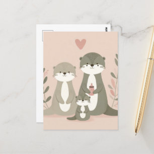 Carte Postale Adorable Otter Boho maman papa et bébé rose