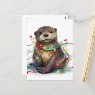 Carte Postale Adorable Otter Christmas Lights AI Art