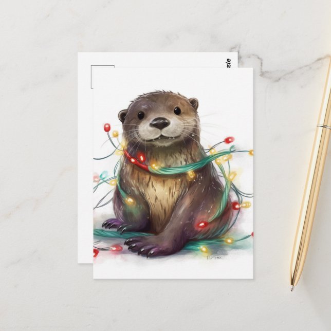 Carte Postale Adorable Otter Christmas Lights AI Art (Devant/Arrière en situation)