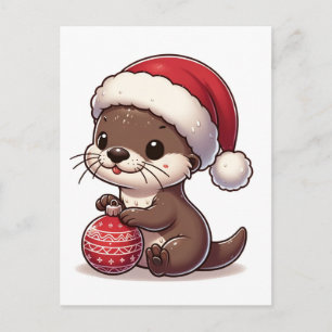 Carte Postale Adorable Otter de Noël Avec Ornement