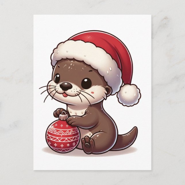 Carte Postale Adorable Otter de Noël Avec Ornement (Devant)