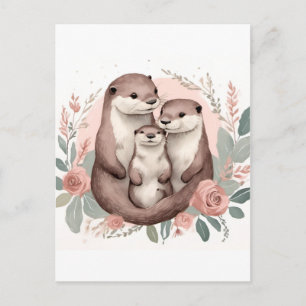 Carte Postale Adorable Otter Famille Sage et Dusty Rose Boho